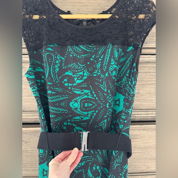 Express Floral Silk Dress EUC Black Green Paisley Lace Belted Sheath Y2k Satin - Picture 5 of 15